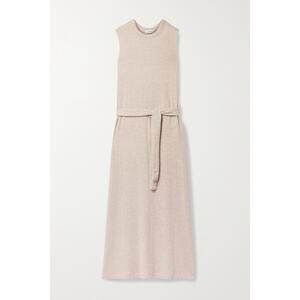 LESET Sleeveless Knit Belted Maxi Dress in Light Beige